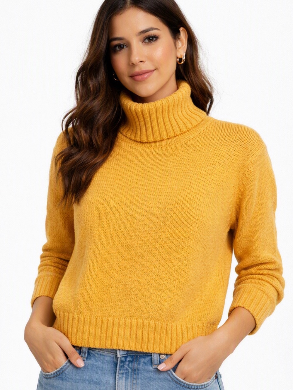 💛 Vintage Mustard ribbed turtleneck 80s knit pullover 100% cotton sweater Medium